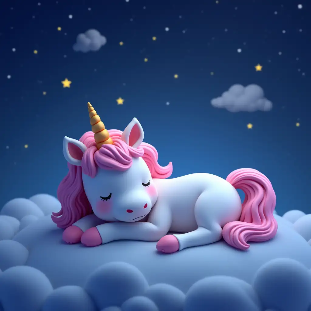 3D beautiful and adorable unicorn sleeping in a starry night