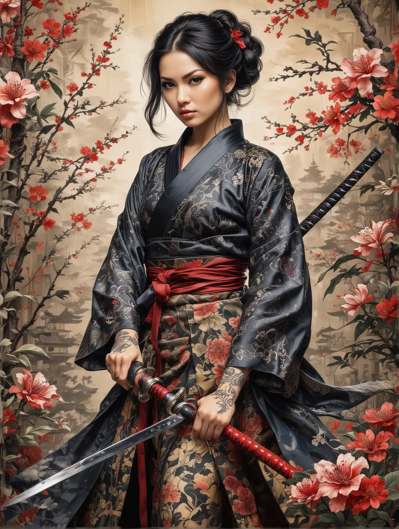 Eye level view, beauty maria ozawa, wearing medieval dress outfit costume holding katana sword, ancient Japan ink painting, vintage scrolls, Ukiyo-e art mixture with Cubism art, colorful, gorgeous, dynamic battle pose position, flowers, large watch, vines, yakuza tattoo