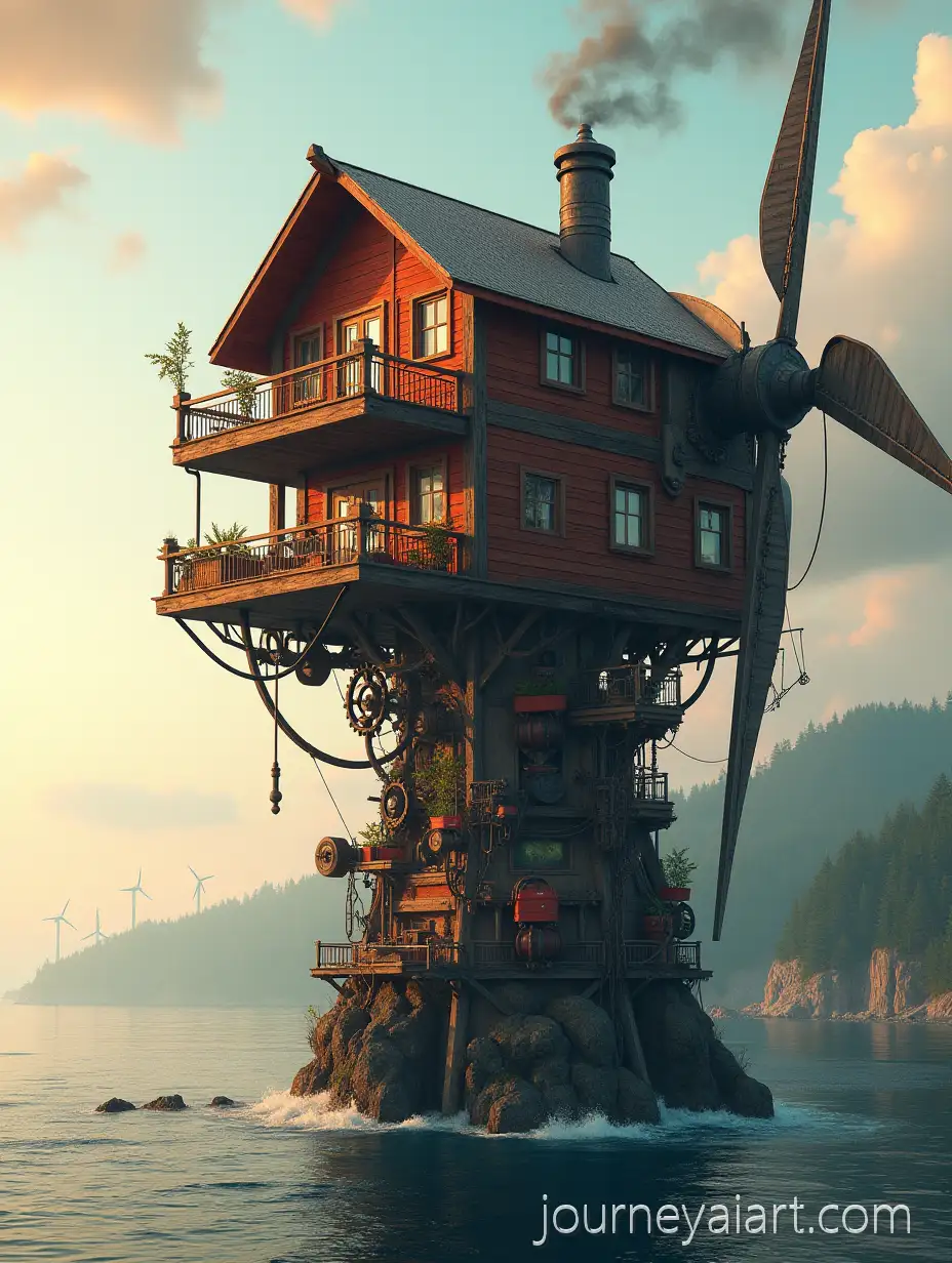 SteampunkSteampunk-ocean-outpost-Ocean-Outpost-with-Wooden-House-and-Mechanical-Tower-at-Sunrise