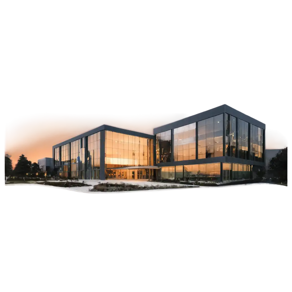 Sunset view of a business building with technology equipment such as notebook, cellphone, tablet, thermal printer, totem