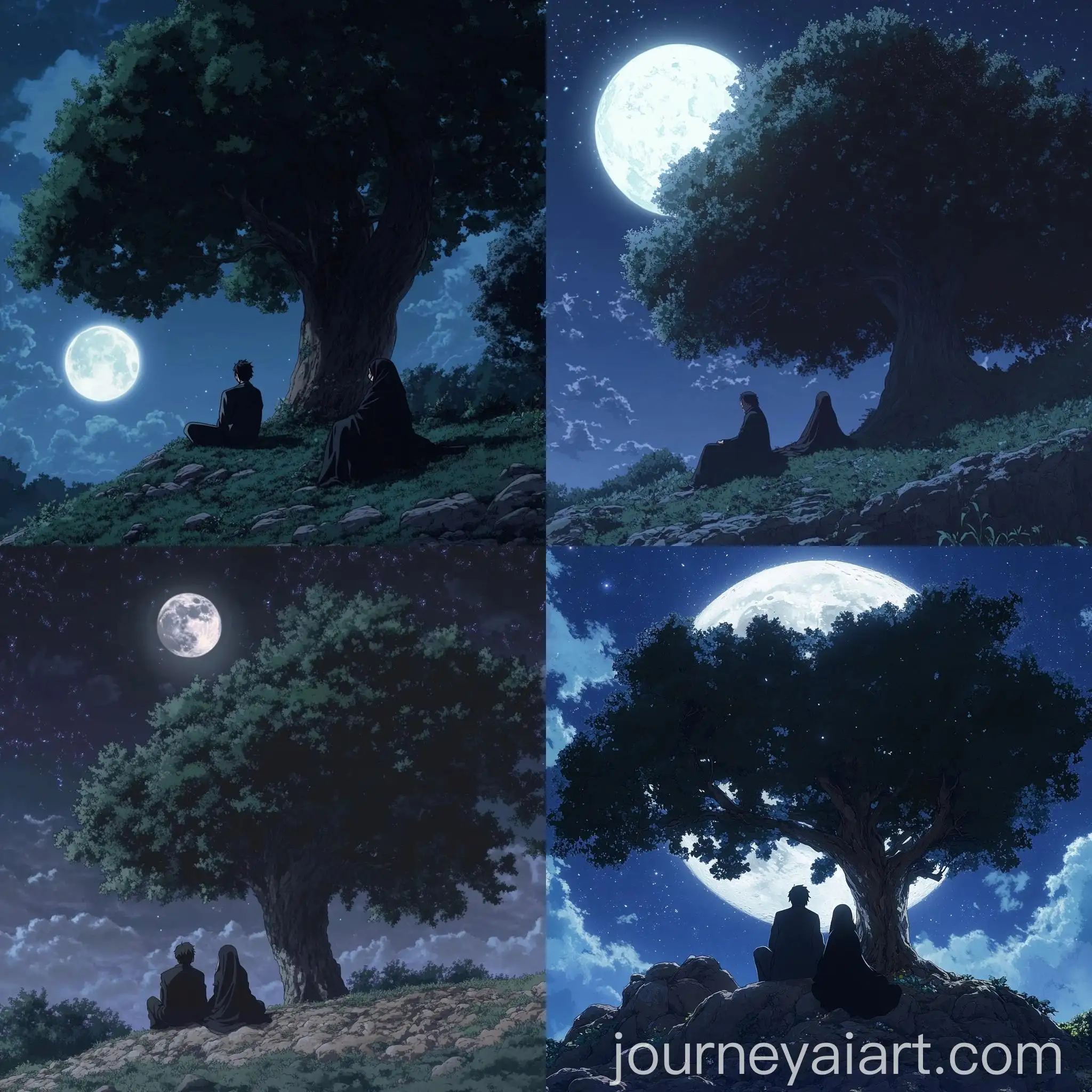Anime-Night-Scene-Man-in-Black-Suit-and-Woman-in-Niqab-under-Moonlit-Tree