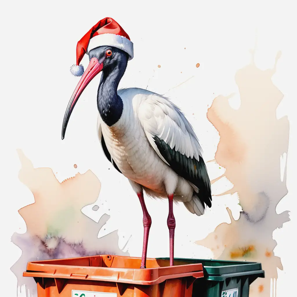 Festive Ibis Bird Wearing a Santa Hat by a Bin