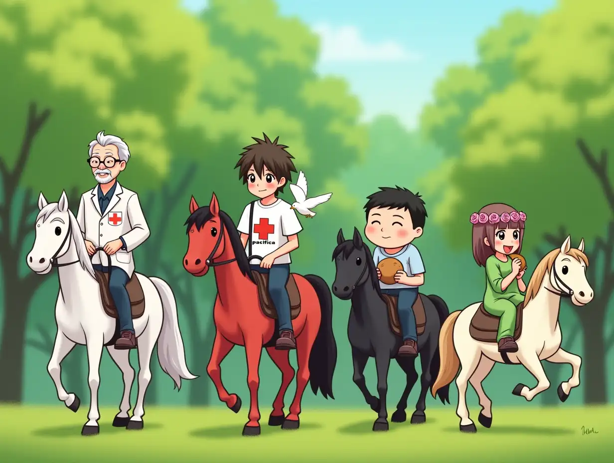 Background - green spring forest. Four riders from left to right. The first rider, an elderly man in glasses on a white horse in a white medical coat with a medical bag on a strap with a red cross. The second rider, a young intelligent-looking boy on a red horse, the boy's t-shirt has a large pacifica emblem, and a white dove is sitting on the boy's shoulder. The third rider on a black horse, a chubby man who eats a bun. The fourth rider, a young pretty girl in a green dress and a wreath of roses on a pale horse.