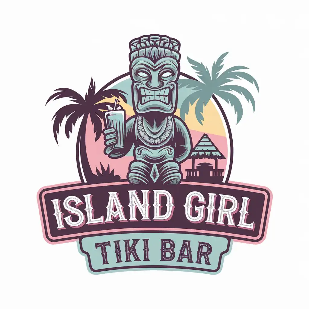 LOGO Design For Island Girl Tiki Bar Tropical Style with Palm Trees and Tiki Hut