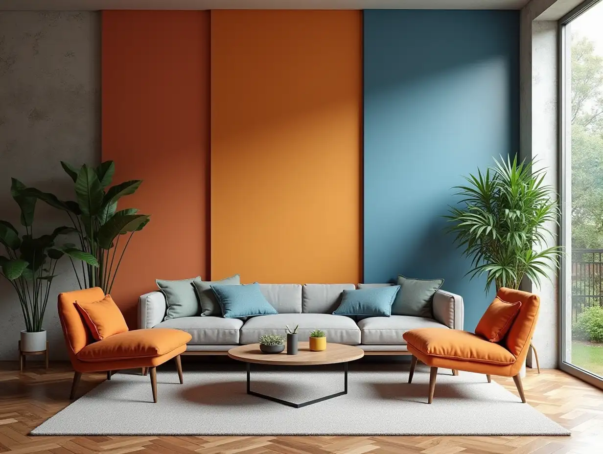 Decorative living room interior concept modern home style blue and orange wall background concretevase of plant furniture garden view parquet floor Generative AI