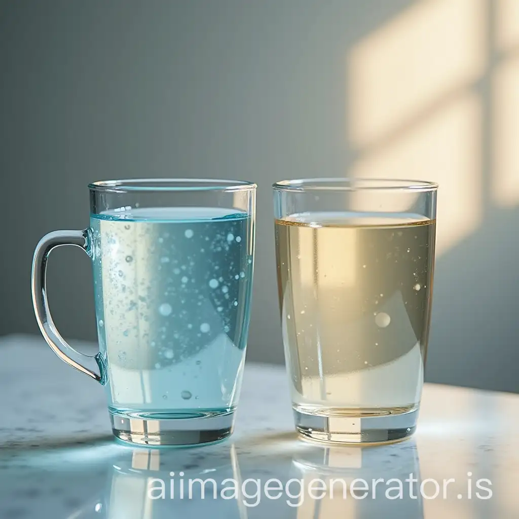 picture of a cup of cold water and next to it a cup of hot water