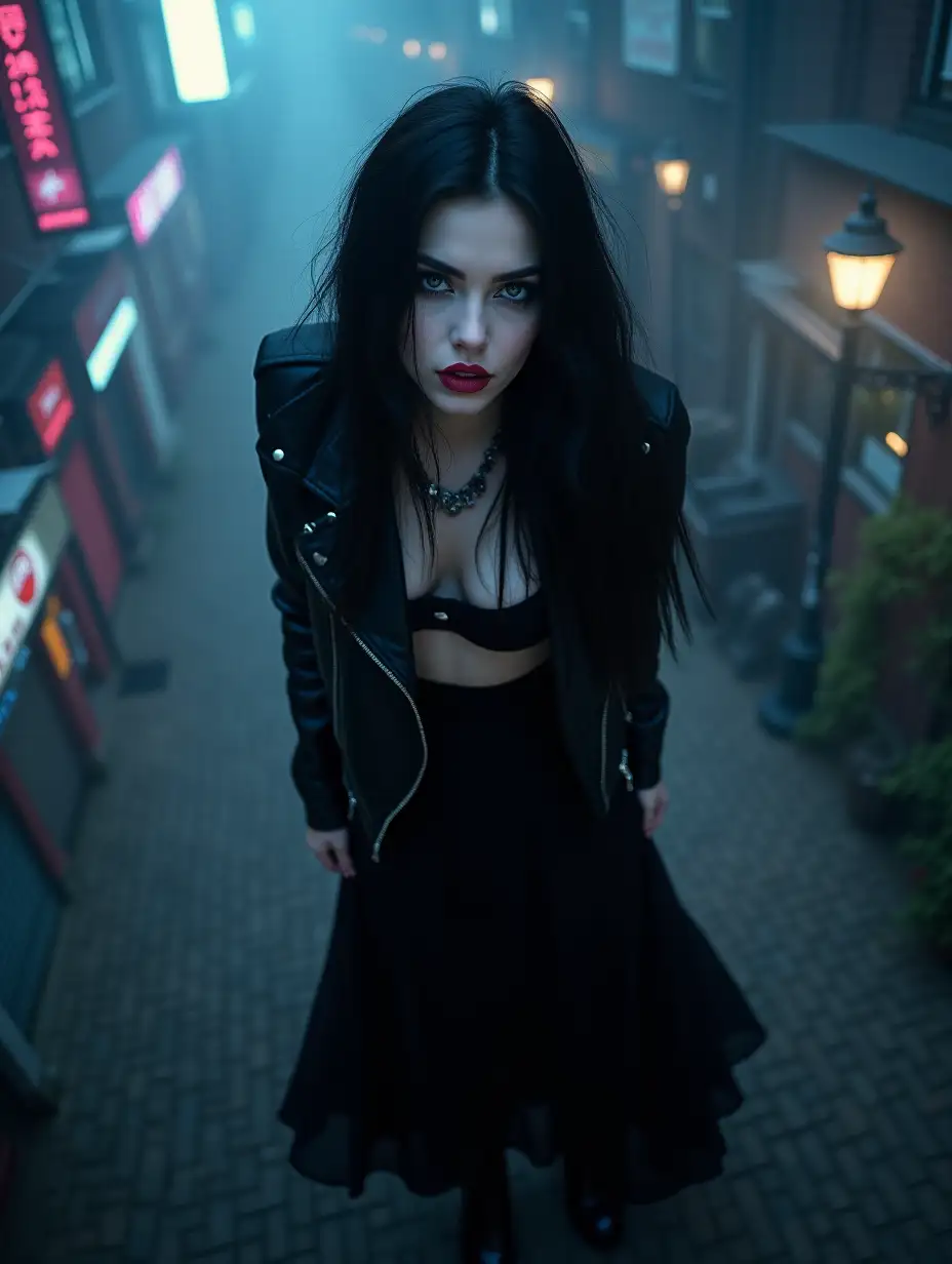 sexy gothic girl, portrait, black hair, soft pale skin, gothic make up, lips, grey-blue eyes, black leather jacket, long black skirt, boots, jewelry, model posing, flirting with the camera, gothic background, gothic city, led clouds, atmospheric, from above shot, dynamic angle shot