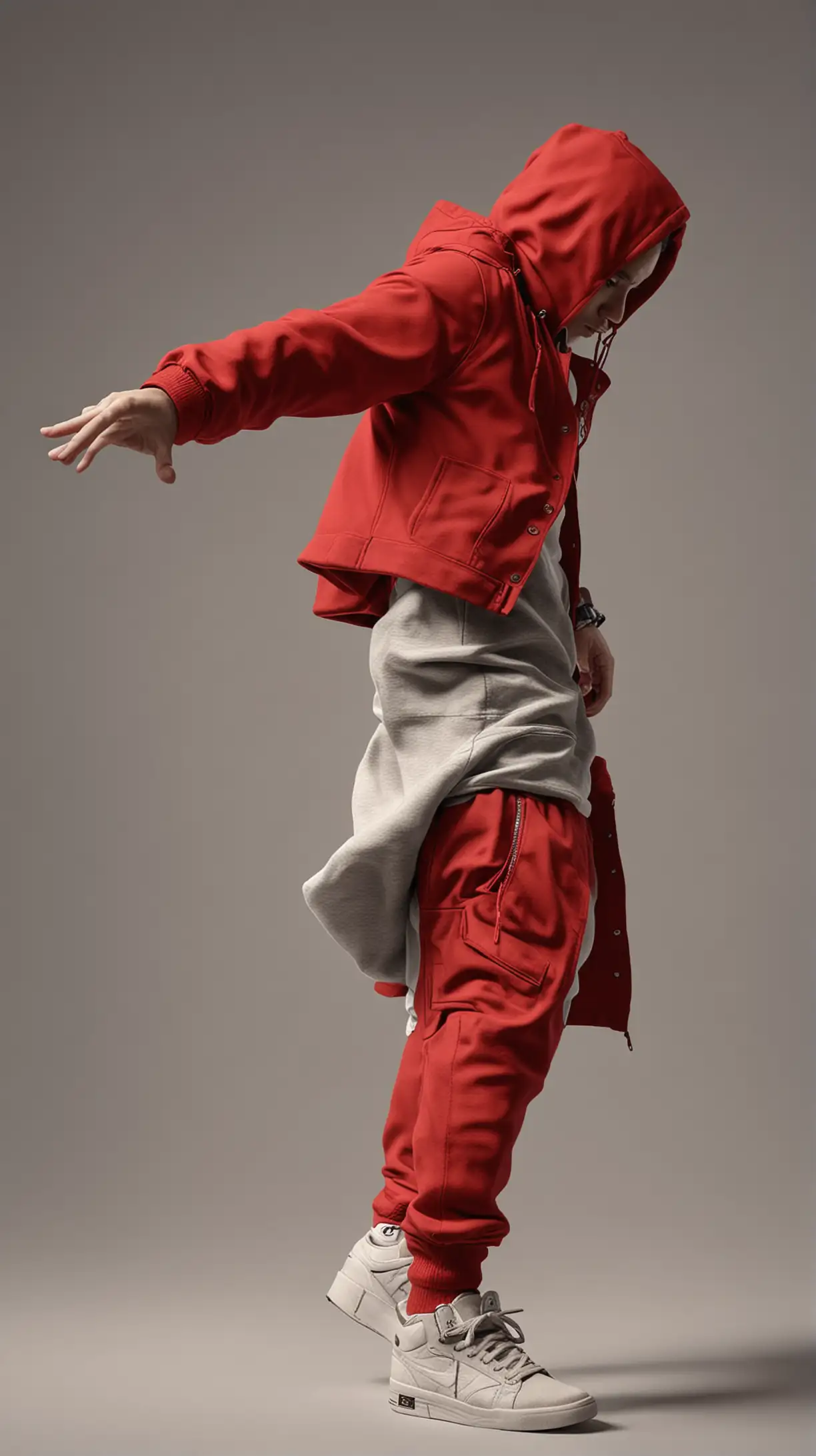 Breakdancer in Red Coat Performing on Solid Background