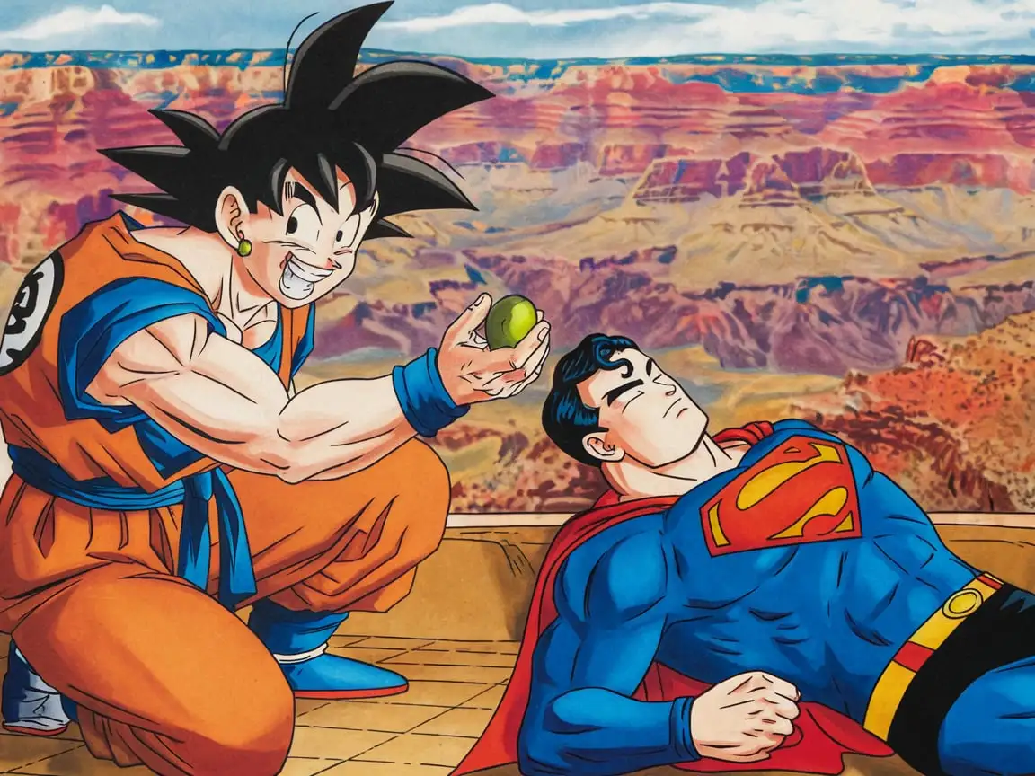 Goku-and-Superman-Sharing-a-Green-Bean-at-the-Grand-Canyon