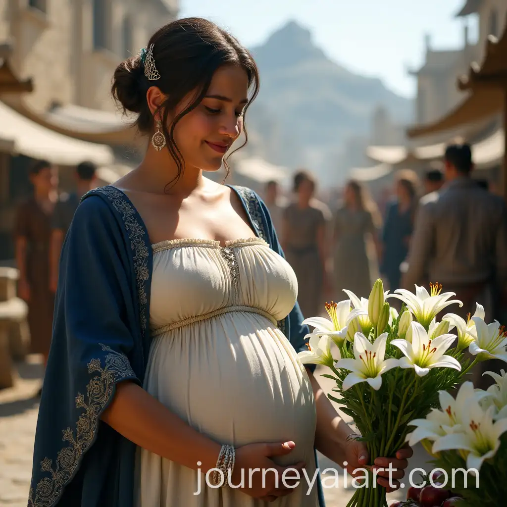 Pregnant-Gondorian-Woman-Offering-Flowers-inAI-Art-Prompt-Expansion-Minas-Tirith-Market