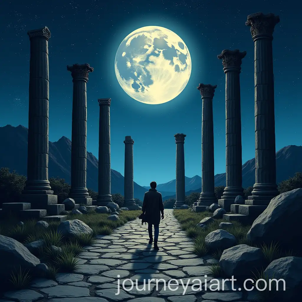 Person-Walking-on-a-Stone-Path-Surrounded-by-Ancient-Ruins-Under-a-Full-Moon