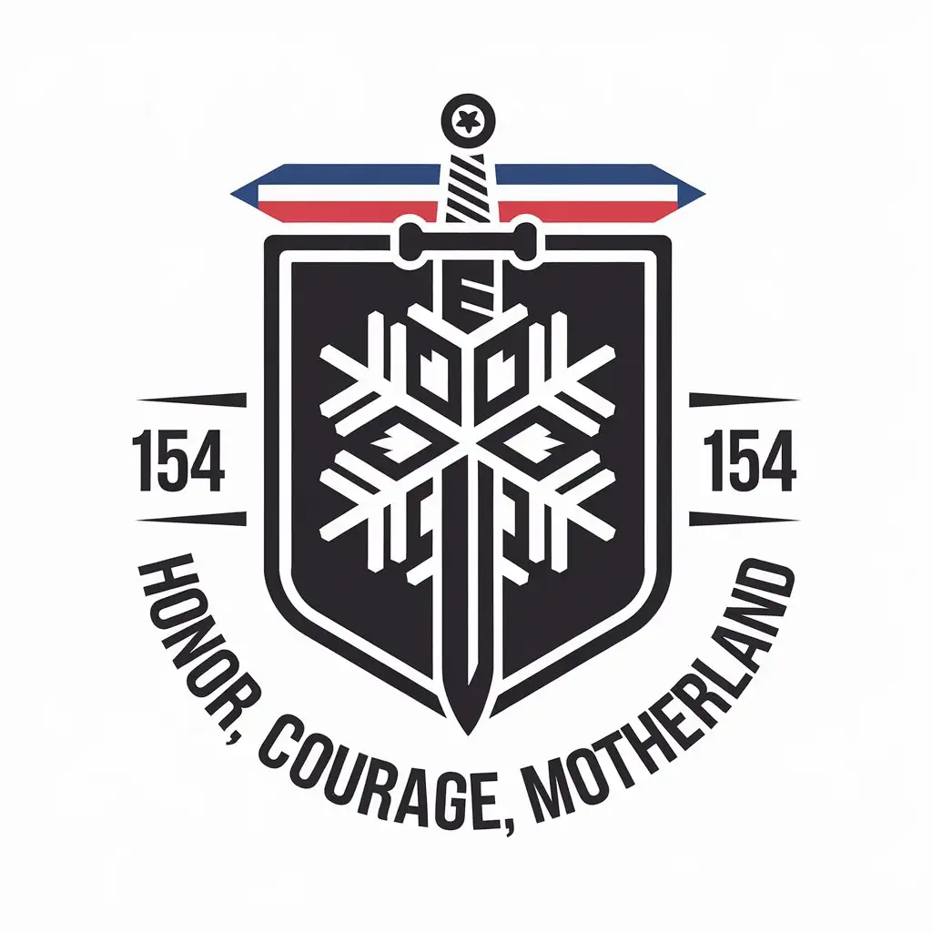 a vector logo design,with the text "Honor, Courage, Motherland", main symbol:Shield with a snowflake background, a sword pointing downwards on the shield, and the numbers '154' on top,Moderate,clear background