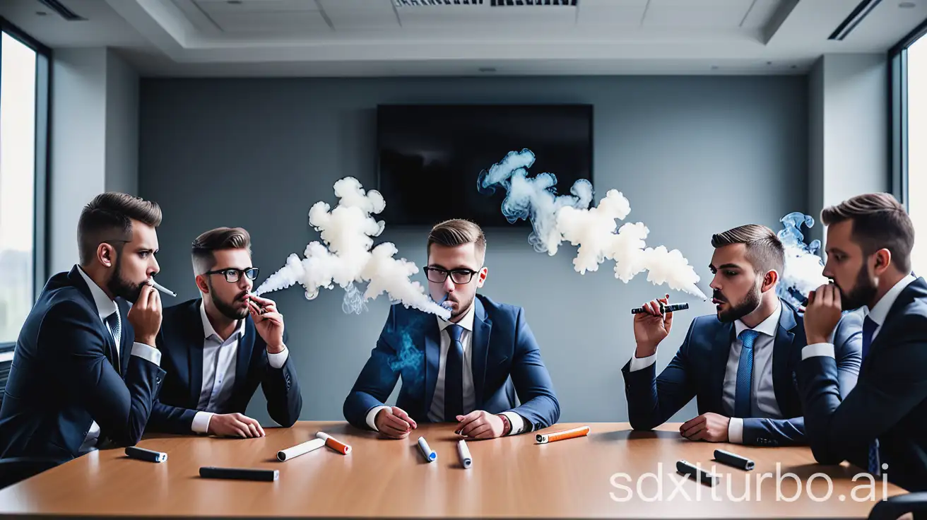 group of businessmen sitting in a conference room in an office with disposable electronic cigarettes. Businessmen are depressed and confused. On the table there are different (MANDATORY) disposable electronic cigarettes of different colors. There is some vape smoke in the room