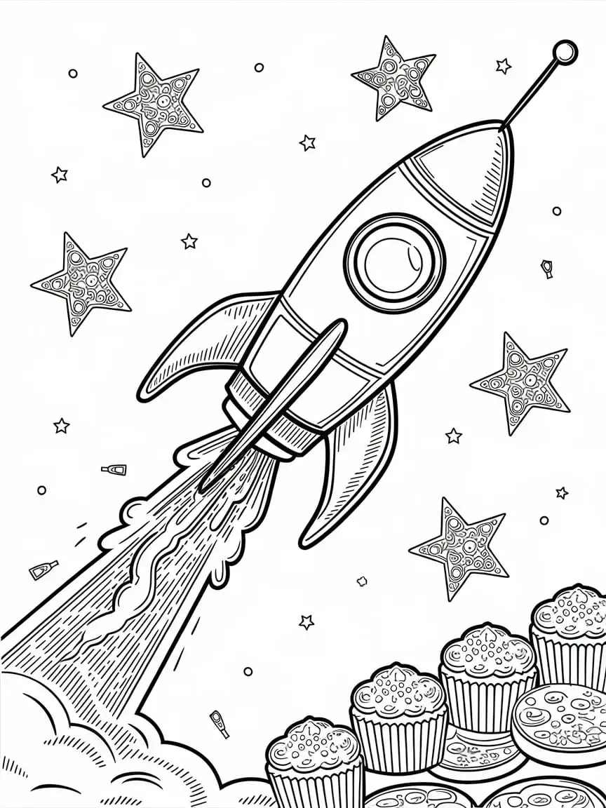 Cupcake Rocket Ship Adventure A Whimsical Coloring Page for Kids