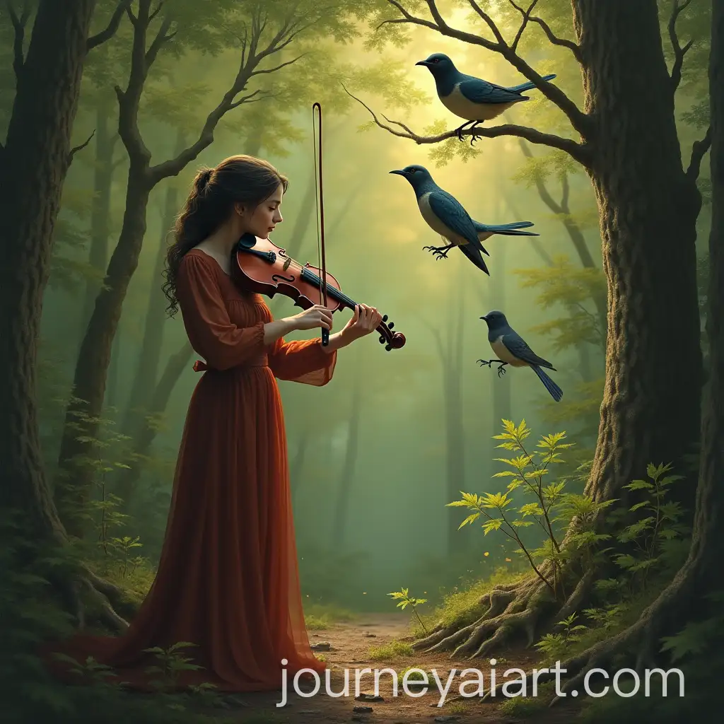 Forest-Serenade-Woman-Playing-Violin-Amidst-Listening-Birds
