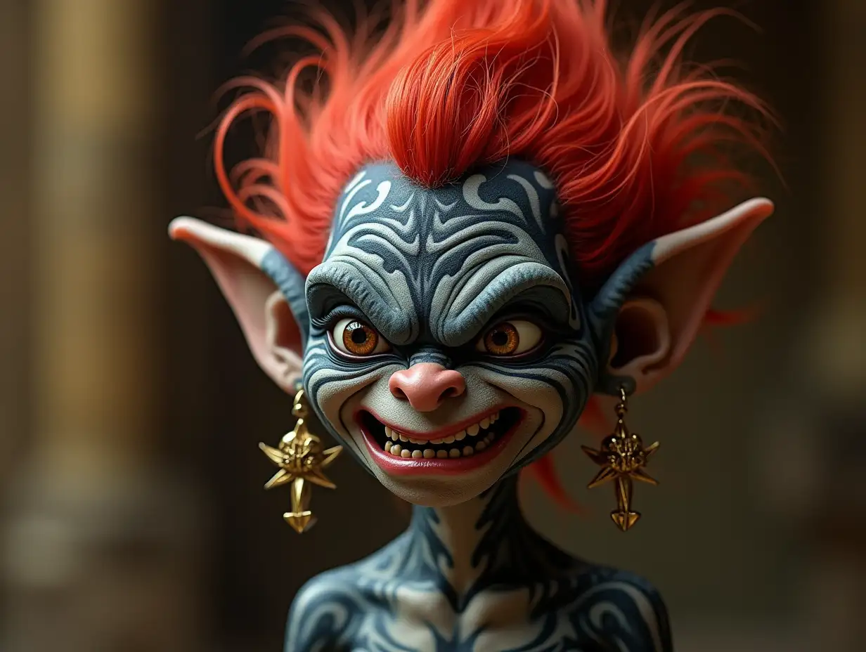 Young black and white patterned troll with young black-white patterned, alien face, long neck, sharp chin, with red hair, with a angry face, cannabis earrings emphasizing their anger, modern, in a temple of much gold, different shadings 4k colorful 