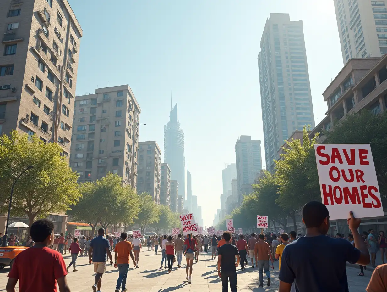 A futuristic 3D rendering of a redeveloped Dharavi, with high-rise buildings and clean streets, juxtaposed with protests by residents holding signs that say, “Save Our Homes.”