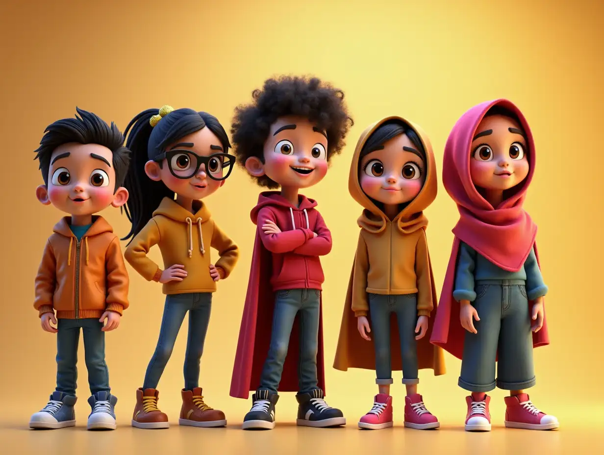 Create for me 5 superkid's hero characters from Java (Dafi Fakdi, Fatimah, Safira and Mitza) for a 3D animation film