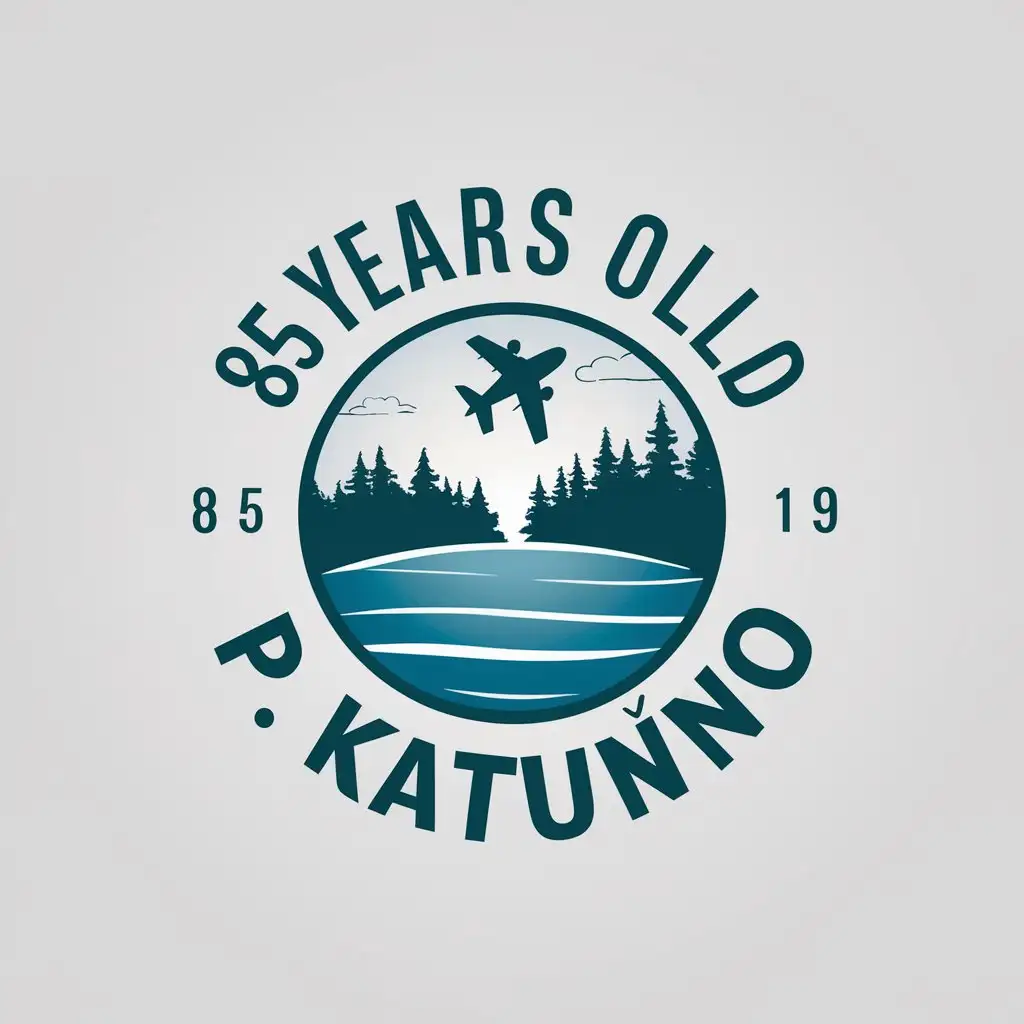 a vector logo design,with the text "85 years old p. Katunino", main symbol:logotype round in which is located lake, forest, airplane,Moderate,be used in Events industry,clear background