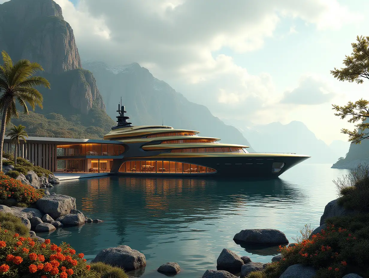 Create a high-resolution realistic image in 4k resolution of a futuristic gold and black building with curved columns, mountains, large trees, rocks, flowers, and a futuristic very large yacht with glass and a cloudy sky