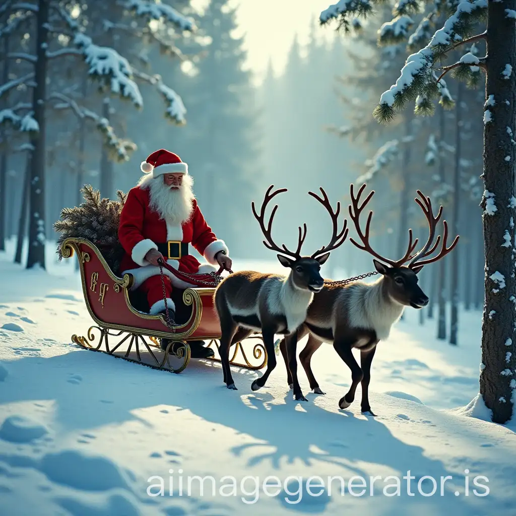 Old-Santa-Claus-Crossing-Snowy-Forest-with-Sleigh-and-Reindeer