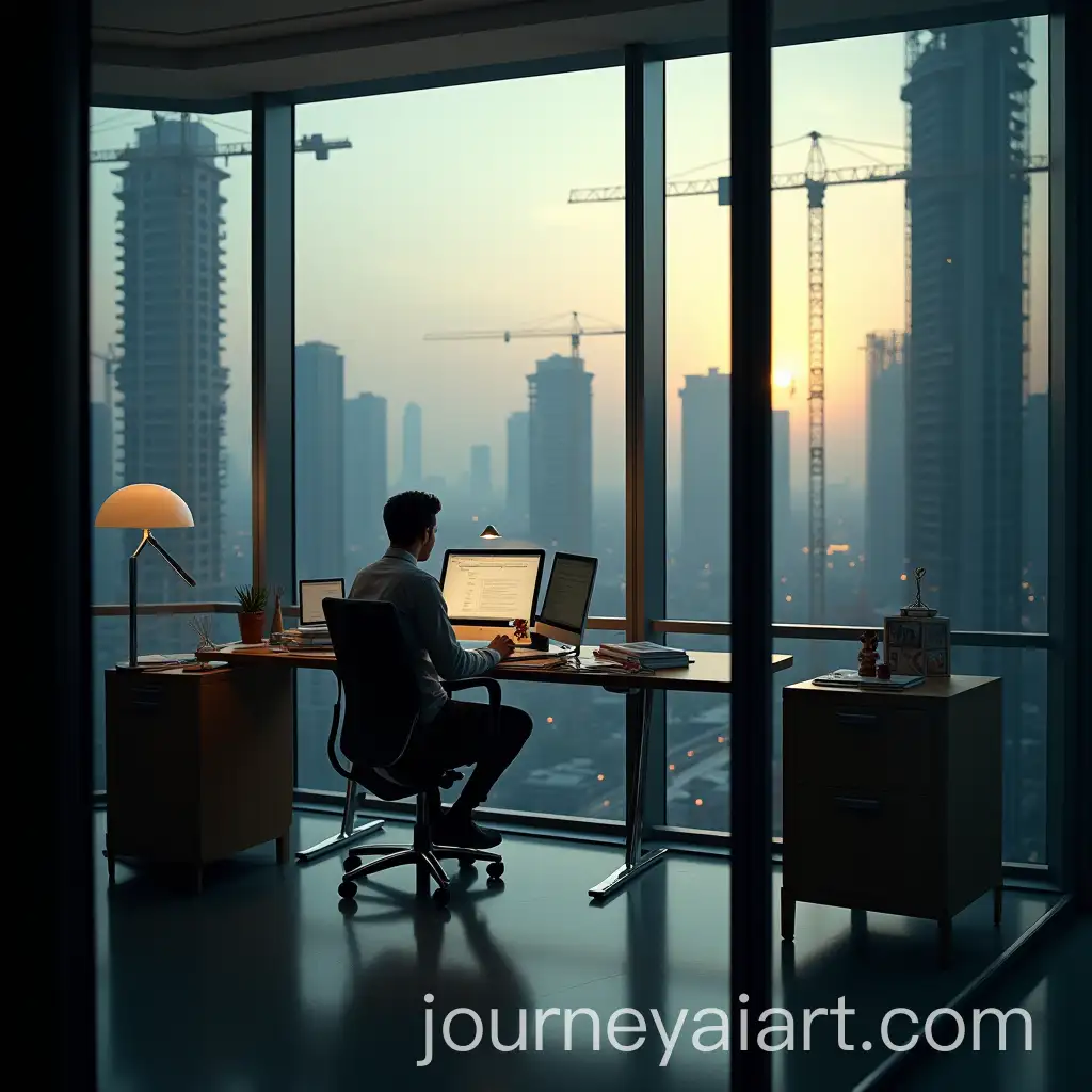 Busy-Office-with-Cityscape-Family-Memento-and-Construction-Symbolism-of-WorkLife-Balance