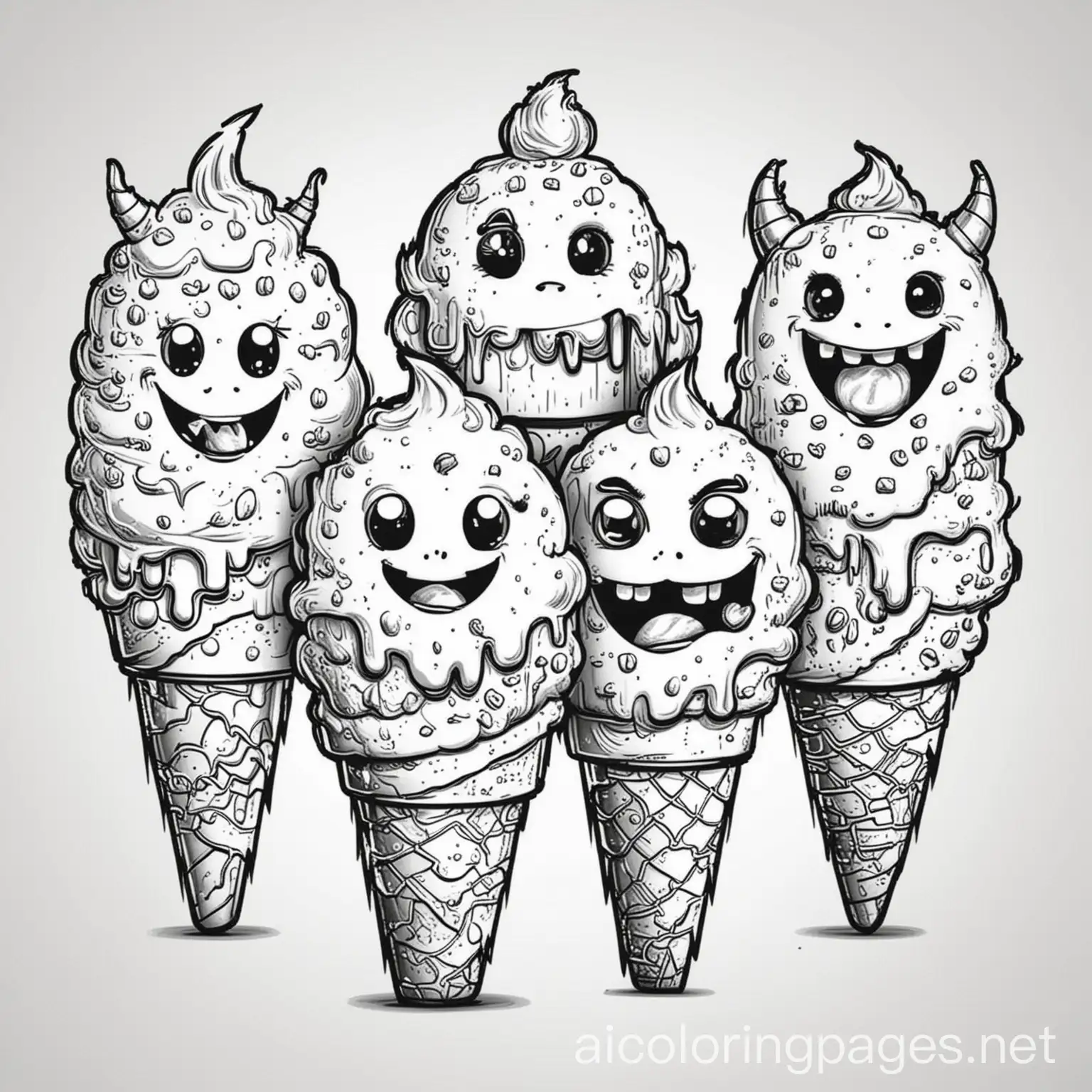 Ice-Cream-Monsters-Coloring-Page-for-Kids-Simple-Line-Art-on-White-Background