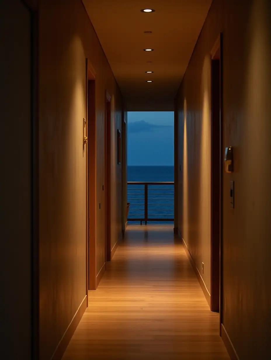 a night time beach resort room corridor,