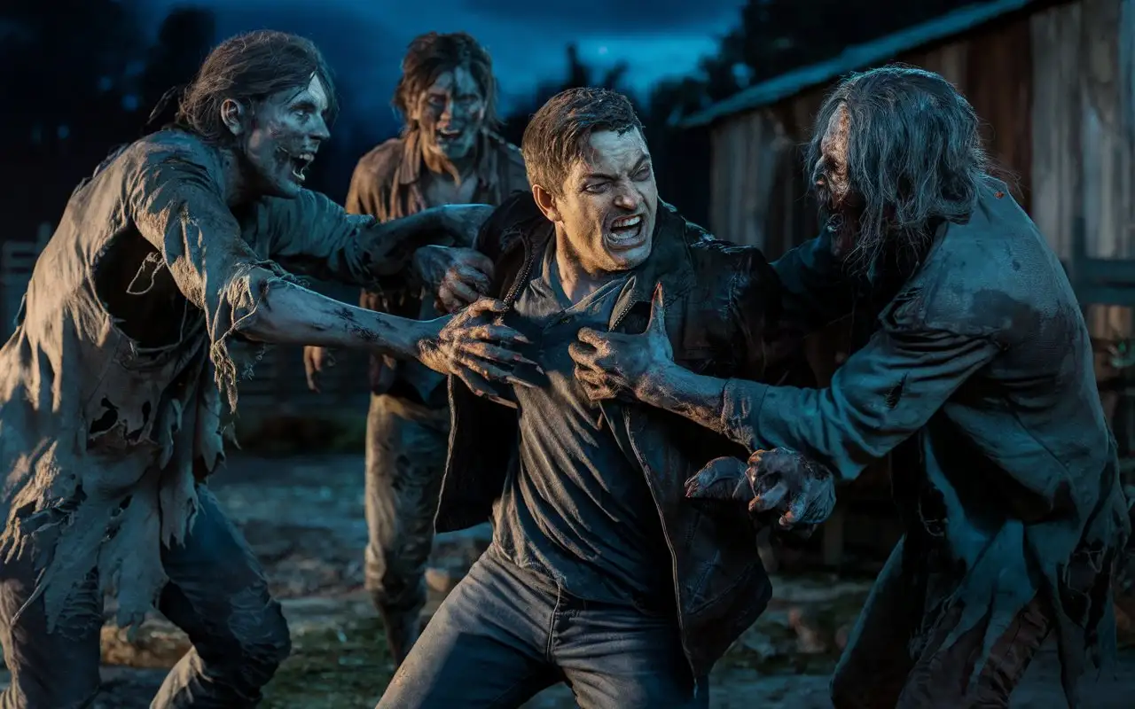 Zombie-Horde-Attacking-Man-in-Rural-Settlement-at-Night