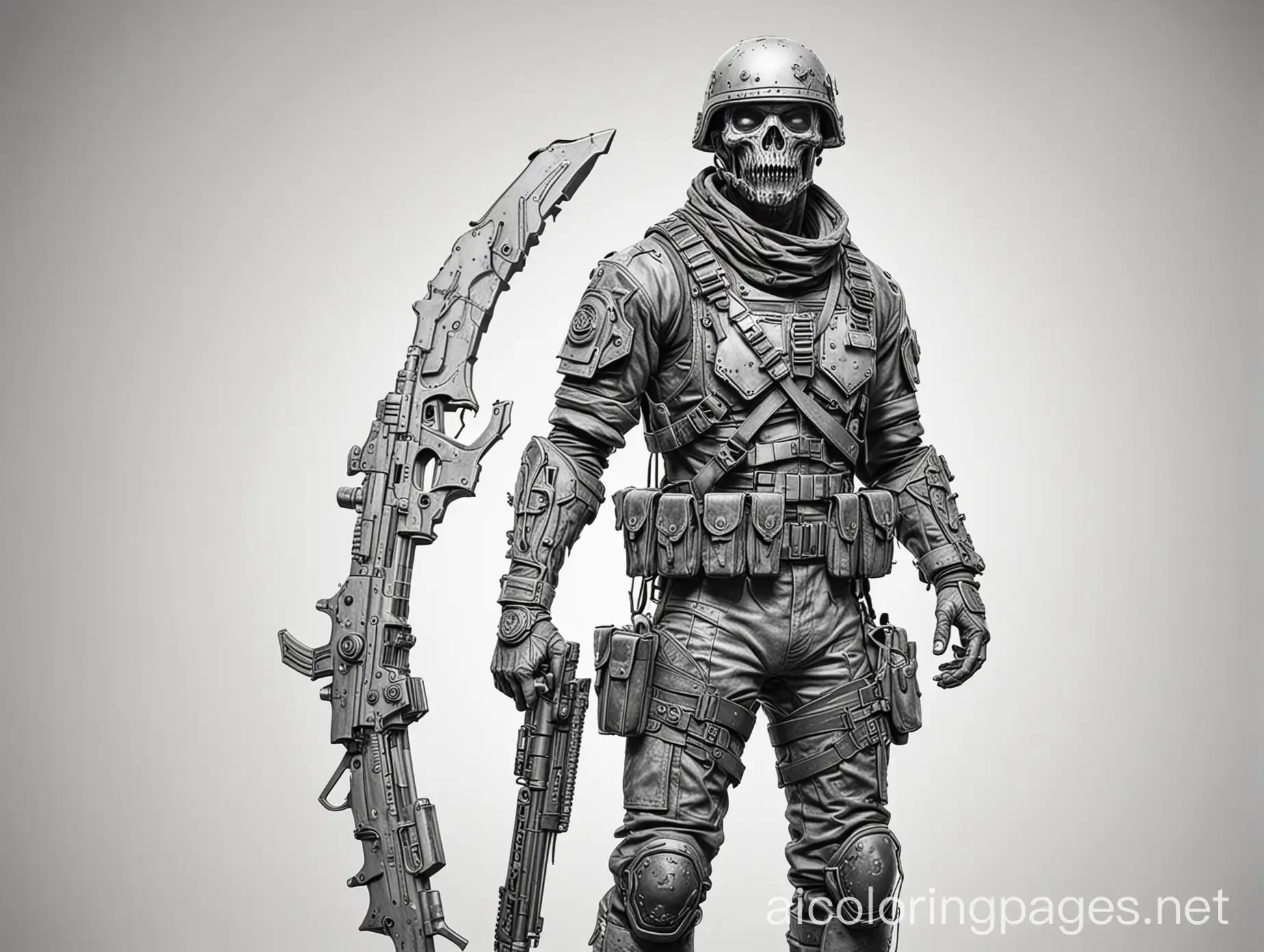 black and white, post apocalyptic zombie army soldier, Coloring Page, black and white, line art, white background, Simplicity, Ample White Space. The background of the coloring page is plain white to make it easy for young children to color within the lines. The outlines of all the subjects are easy to distinguish, making it simple for kids to color without too much difficulty