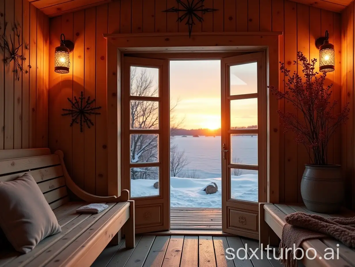 Inside a wooden nordic sauna adorned with runic symbols , dried flowers, red berries, winter nordic atmosphere, sunset, opening on a nordic beach