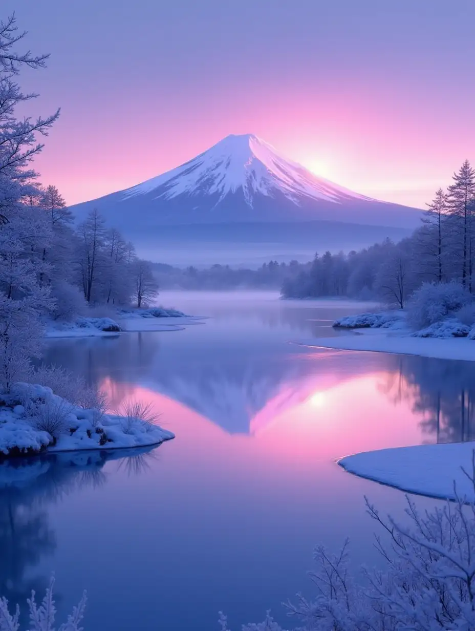 A high-resolution winter scene depicting Mount Fuji during the transition from night to dawn. The majestic, snow-covered peak glows faintly under the soft purple hues of the fading night sky, blending seamlessly into the warm oranges and pinks of the rising sun. The foreground features frost-covered trees and a serene lake partially iced over, perfectly mirroring the sky's gradient and the silhouette of Mount Fuji. A gentle mist lingers over the landscape, adding an ethereal quality to the crisp winter morning. The entire scene is bathed in serene, soft light, emphasizing the tranquil beauty of a winter sunrise.