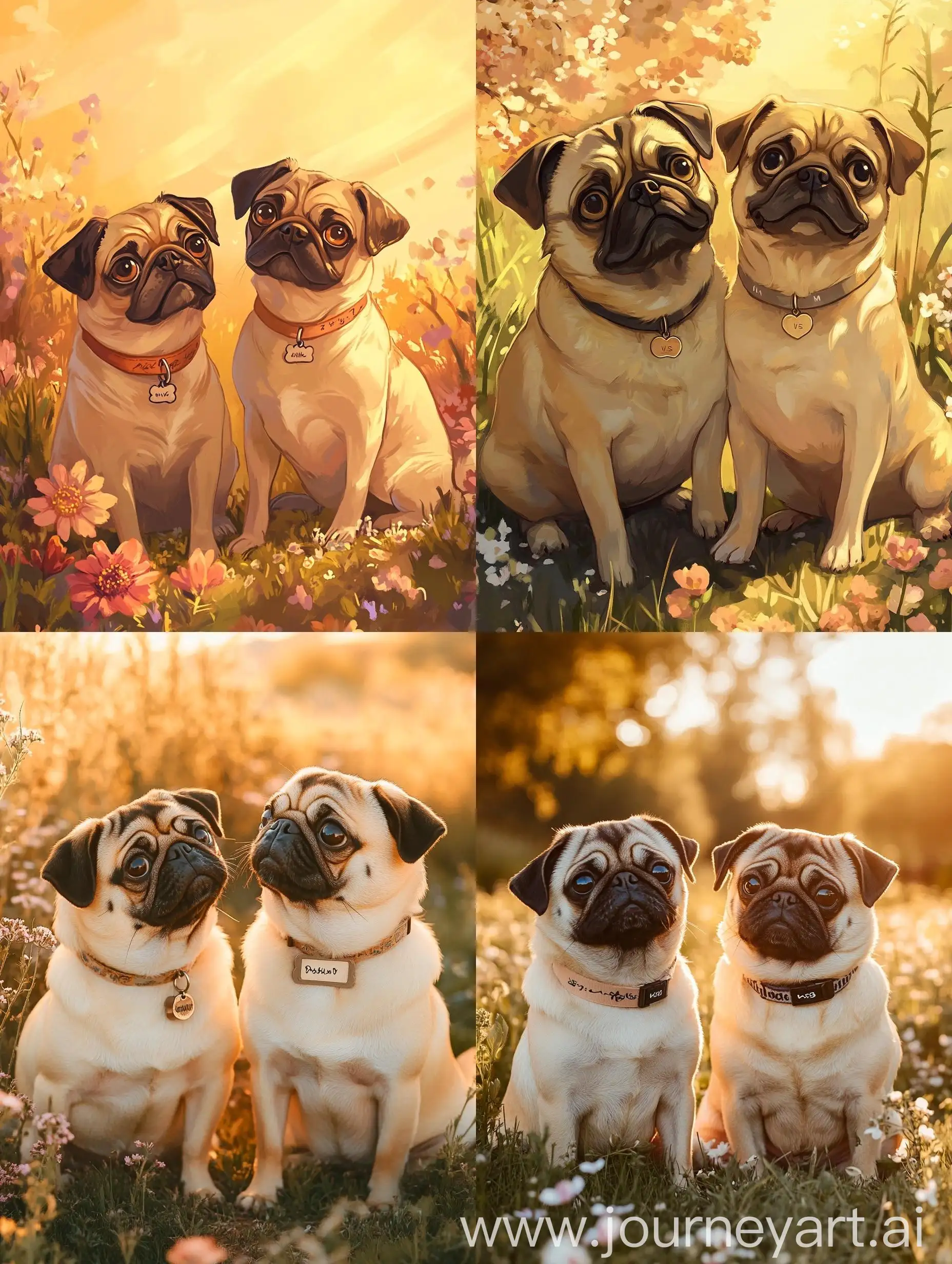 Two-Pugs-in-Love-under-Golden-Sunset-with-Personalized-Collars