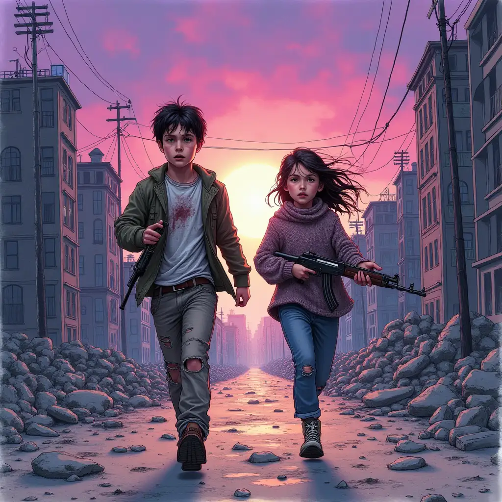 Destroyed city, post apocalypse, purple sunset, a young man in torn pants, and a girl of 15 years - in a knitted sweater to the knees, dirty, frightened, dressed in torn clothes, running at the viewer, the boy is holding a crossbow, the girl has a Kalashnikov rifle, tense atmosphere, drawing with colored ink.