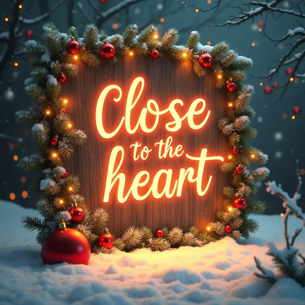 a realistic 5k christmas card. style, full christmas theme, The word (close to the heart) 'is' prominently written in style