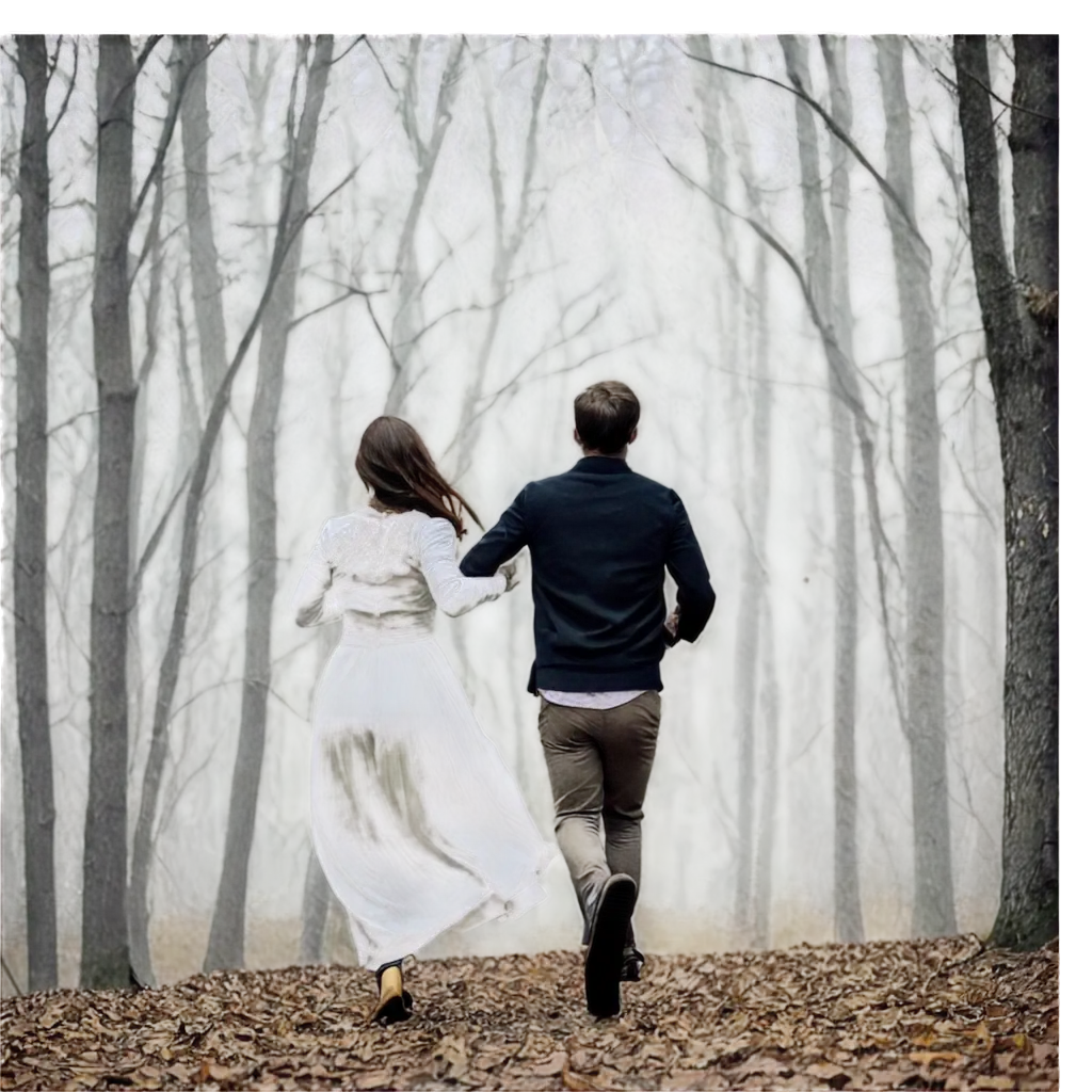 a dark forest background and  husband and wife running backview