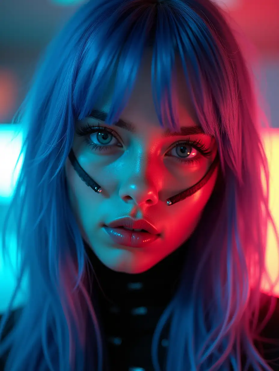 Best quality, Raw photo, face portrait, a young cyborg woman with fiery blue hair, with cyborg parts. Her face fills the frame, bathed in neon hues, exuding determination and mystery amidst a futuristic backdrop, Fujicolor Pro 400H, L USM