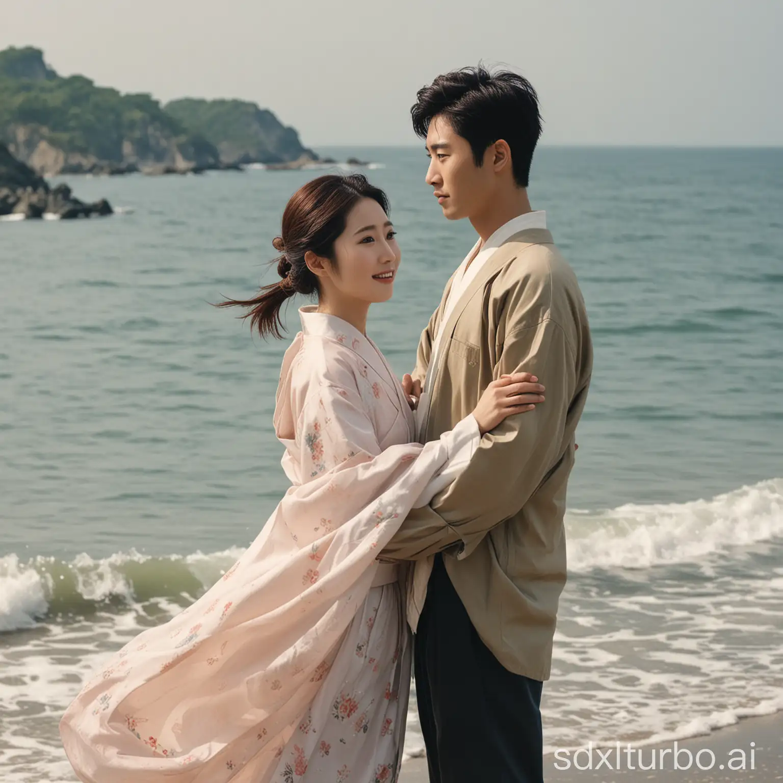 live-action style japanese woman and man by the sea