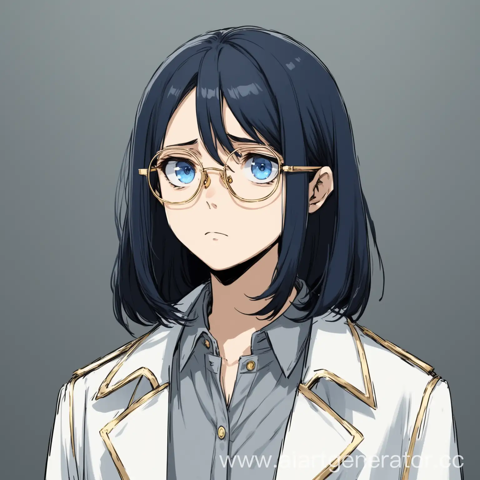 Young-Woman-with-ShoulderLength-Black-Hair-and-Gold-Glasses-in-Gray-Shirt-and-White-Coat