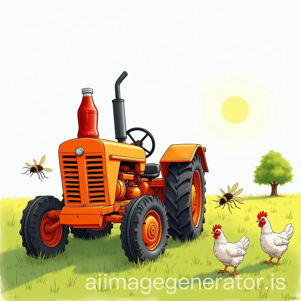 Orange-Tractor-in-a-Sunny-Field-with-Ketchup-Bottle-Chickens-and-Apple-Tree