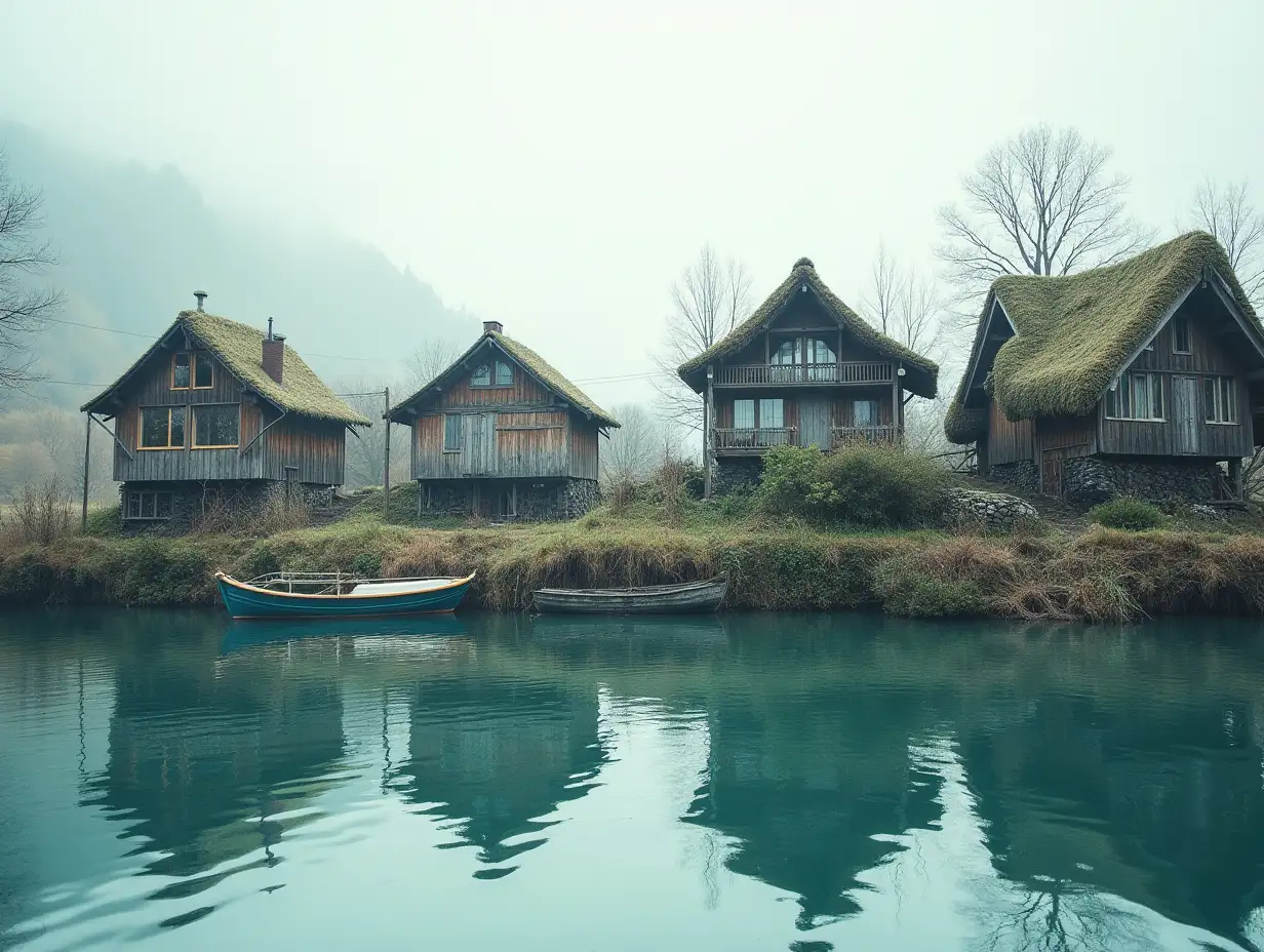 Idyllic houses next to a river with fishing nets and a small boat.-real photo Triple exposure Concept of something Beautiful photo