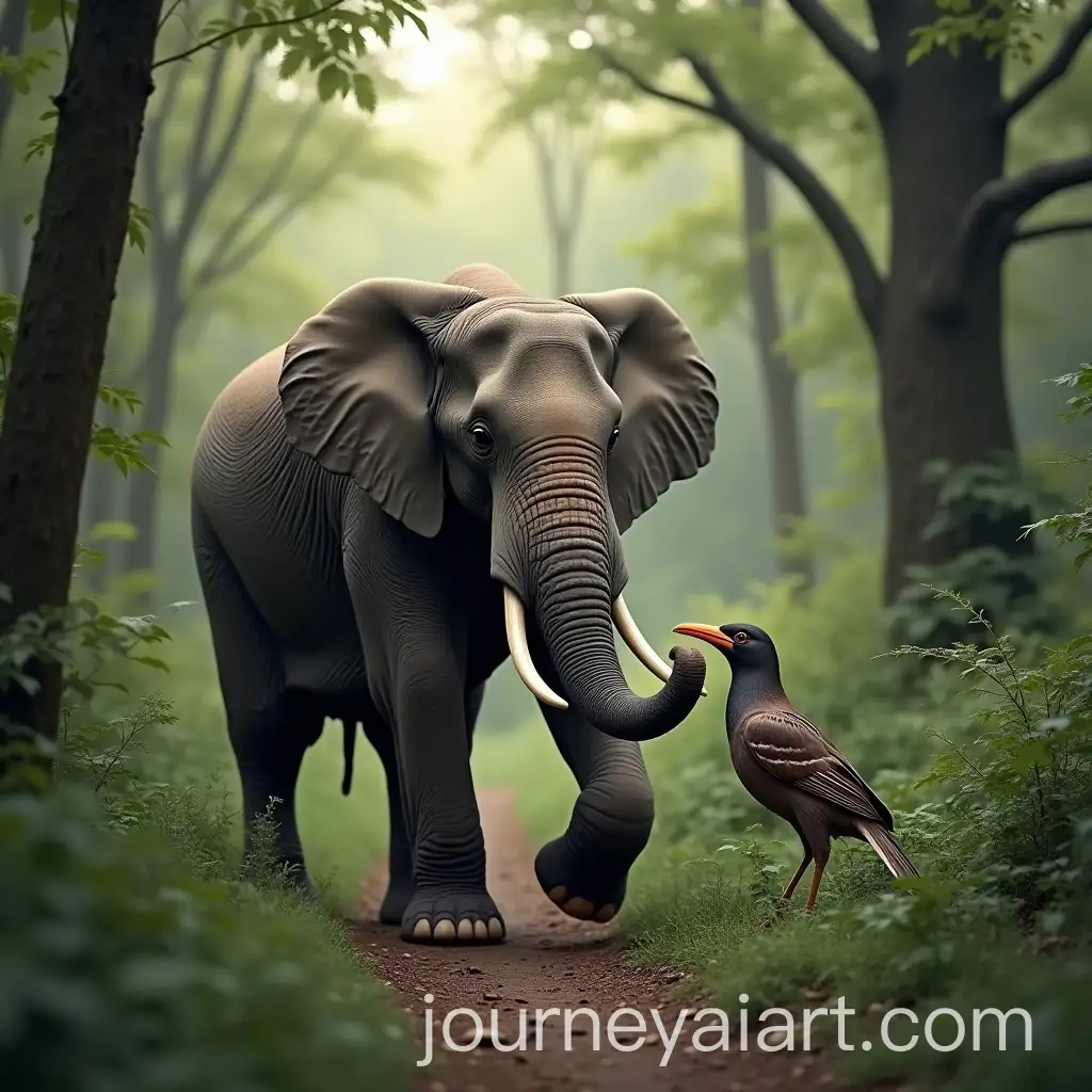 Elephant-Assisting-Injured-Bird-in-the-Forest-with-Trunk