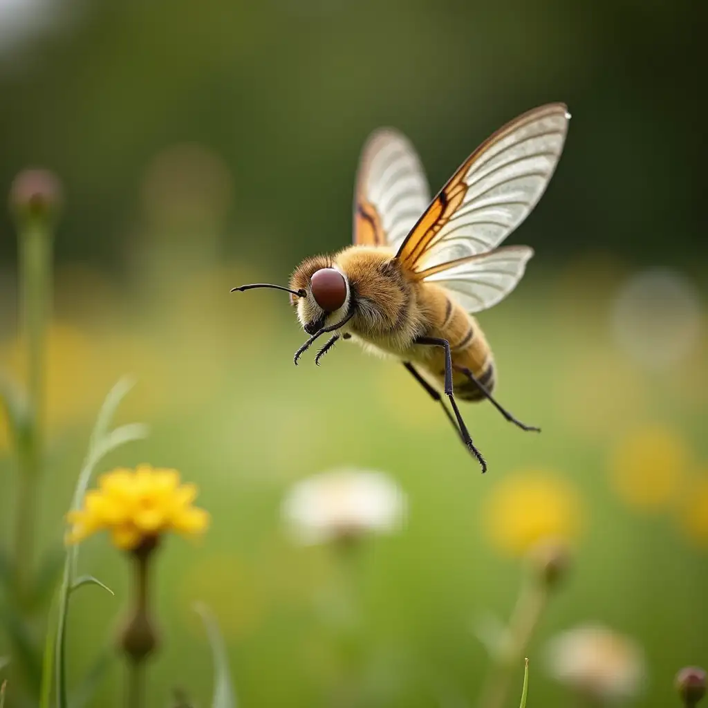 small fey flying on the lawn among flowers