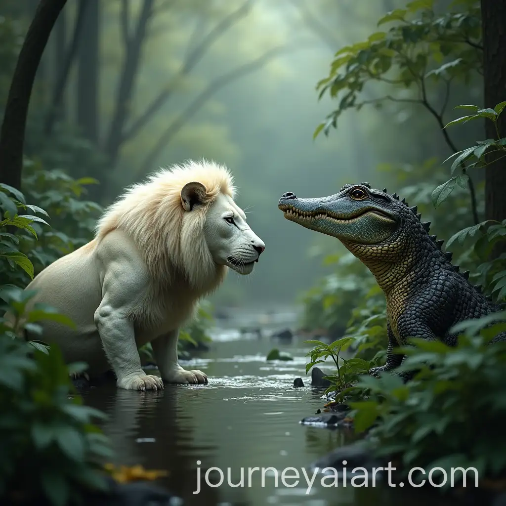 White-Lion-and-Crocodile-Facing-Each-Other-in-the-Jungle