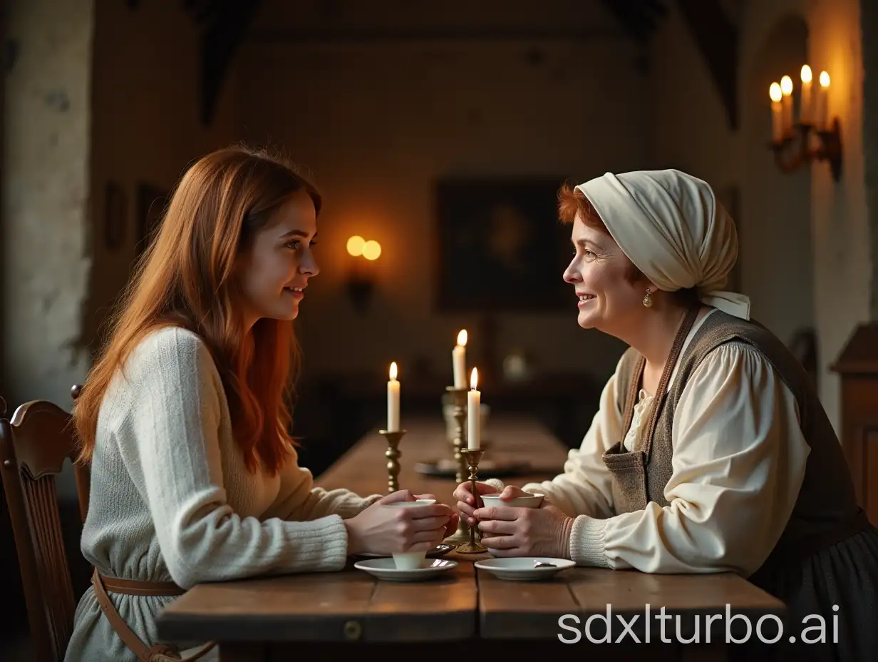 Young-Woman-and-Cook-Enjoying-Tea-in-a-Medieval-Castle-Dining-Room