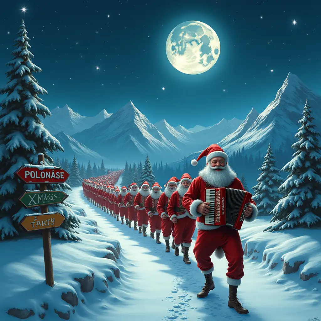 the North Pole at night, in the background the full moon has a trumpet in his hands and is blowing a solo with puffed cheeks. Snow-covered mountains. A hugely long line of Christmas elves, all of them holding one another's shoulders and dancing a polonaise, they meander through the entire picture. In the foreground, the leading elf, who leads the polonaise, stands close to the camera, smiling joyfully and plays a Christmas-looking accordion with his hands. the hands of the man behind on his shoulders. A signpost on a post stands on the edge with two arrows. On one arrow it says big 'Polonäse Registration', on the other arrow it says big 'XMAS PARTY'. Make everything very realistic and Christmassy with lots of details