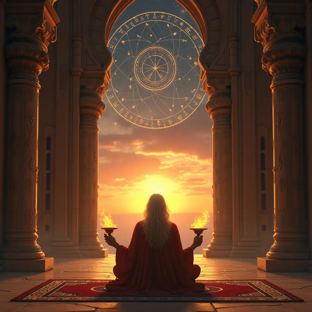 An ancient sage sits cross-legged in front of an intricately carved temple at sunset, holding a glowing celestial map. The sky above is illuminated with constellations, zodiac symbols, and mystical geometric patterns interconnected by radiant lines. The atmosphere feels spiritual and otherworldly, with two sacred fire lamps flickering beside the sage. The golden light of the setting sun casts a warm glow over the temple's architecture and the sage's ornate robes, blending the realms of astrology, wisdom, and divine knowledge. Create an artwork capturing this ethereal and ancient essence.