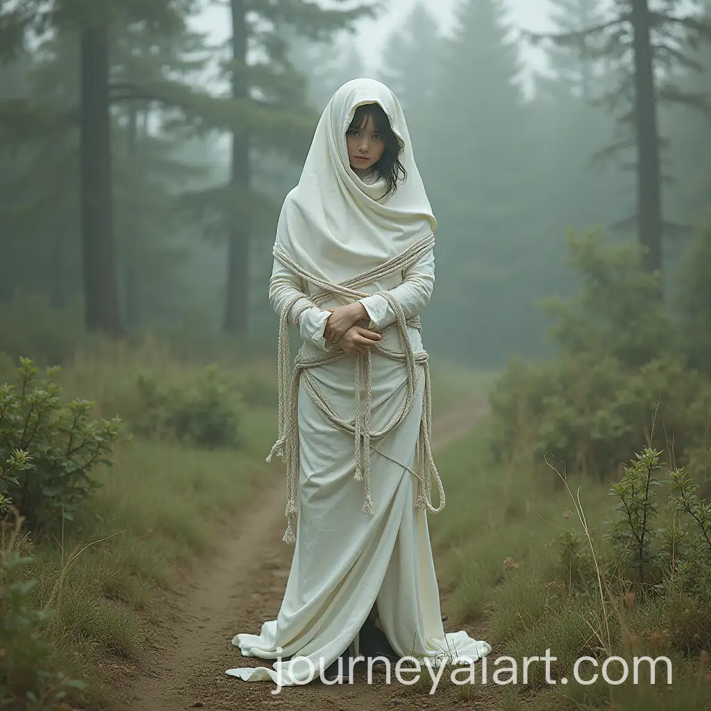 Surreal-Woman-Wrapped-in-White-Cloth-in-Nature