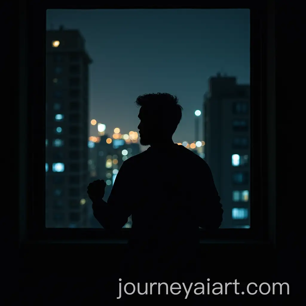Man-Standing-in-Shadows-Gazing-at-City-Lights-at-Night-with-Determined-Expression