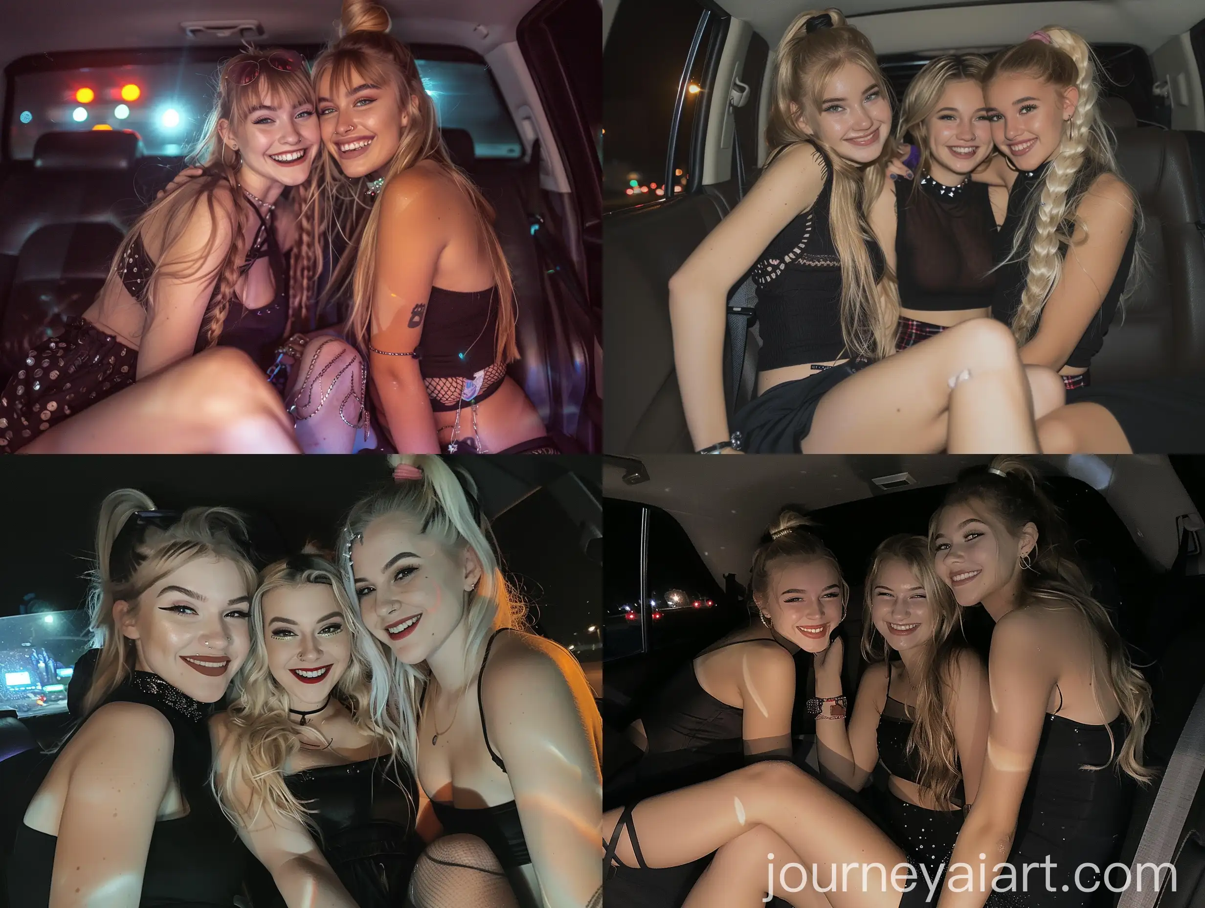 Three-Young-Women-Posing-Playfully-in-Car-at-Night